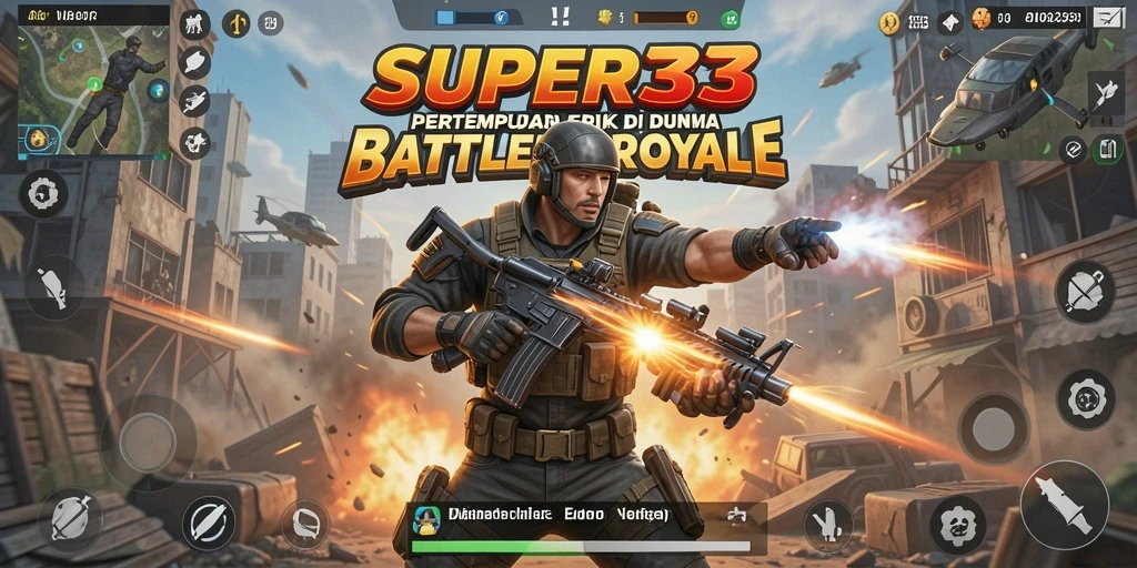 Screenshot aksi mendebarkan dari permainan Battle Royale SUPER33.