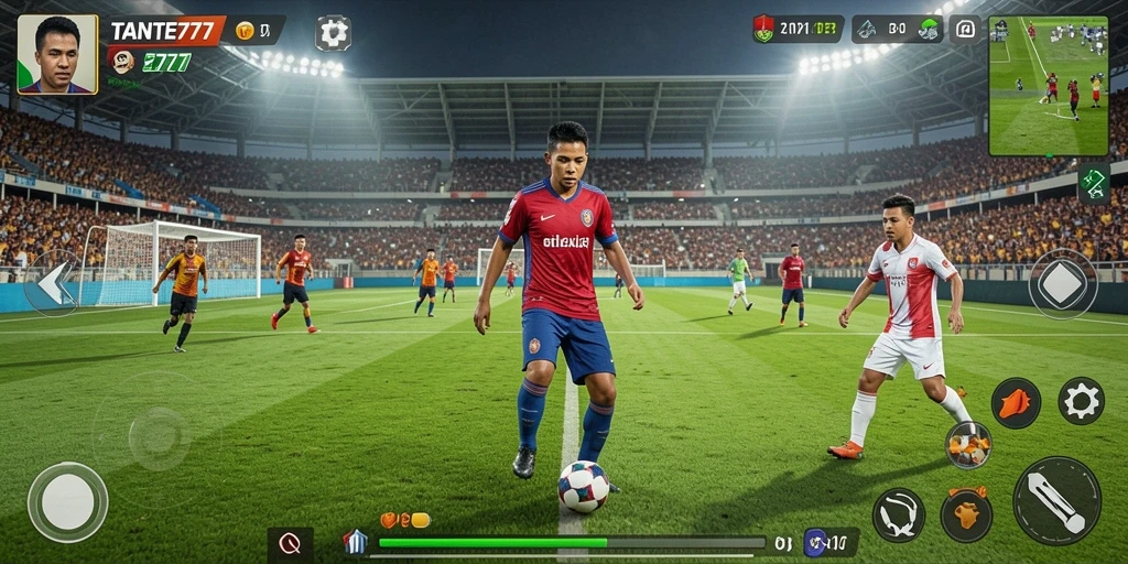 Screenshot gameplay TANTE777 yang menampilkan aksi sepak bola intens.